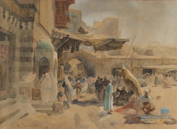 STRASSENSZENE dans JAFFA scène de rue en JAFFA Gustav Bauernfeind orientaliste Peinture à l'huile